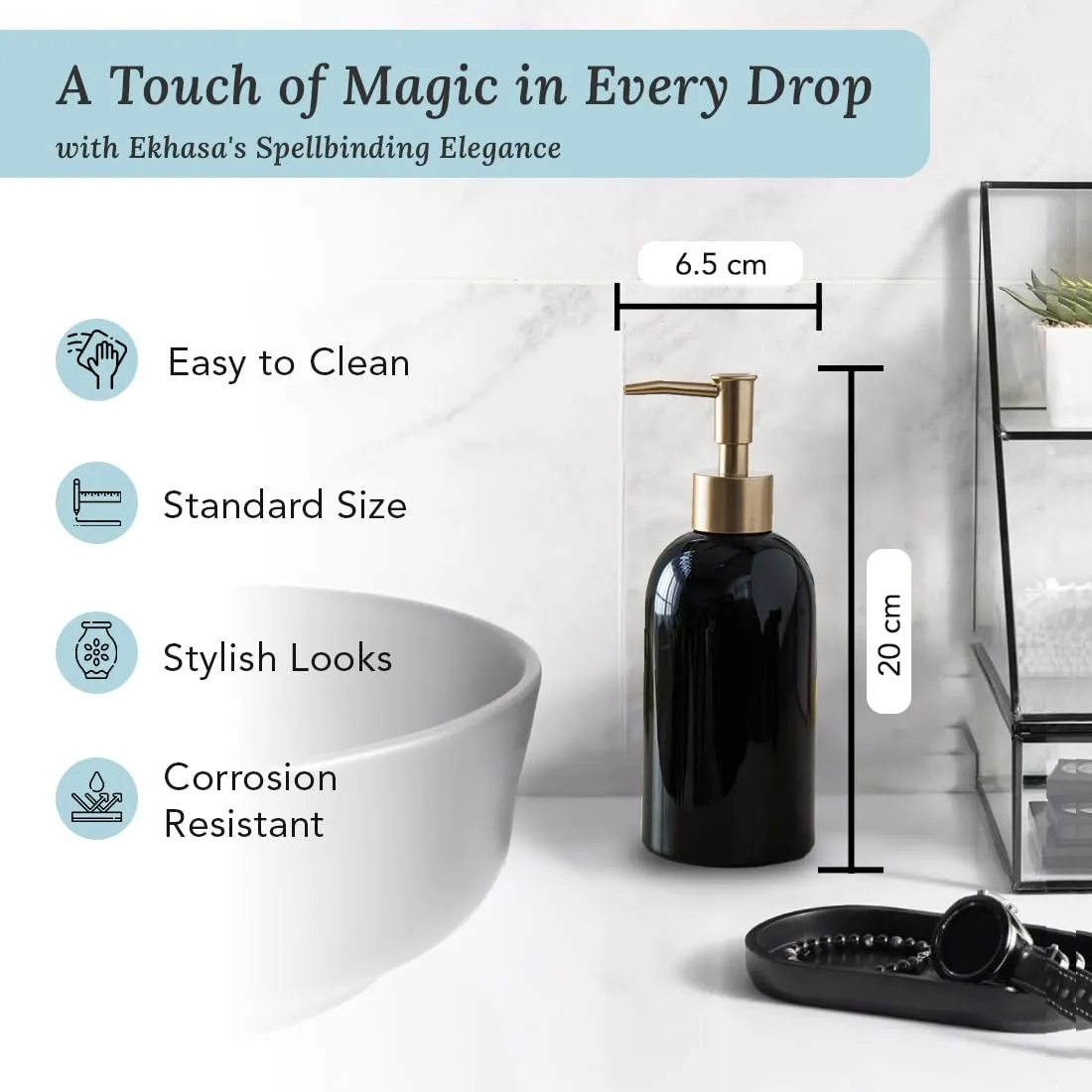 Ekhasa Ceramic Handwash Dispenser Bottle (420ml) (Black) | Liquid Soap Dispenser for Bathroom, Wash Basin and Kitchen | Bathroom Sanitizer, Lotion, Shampoo Dispenser | Hand Wash Dispensers Pump