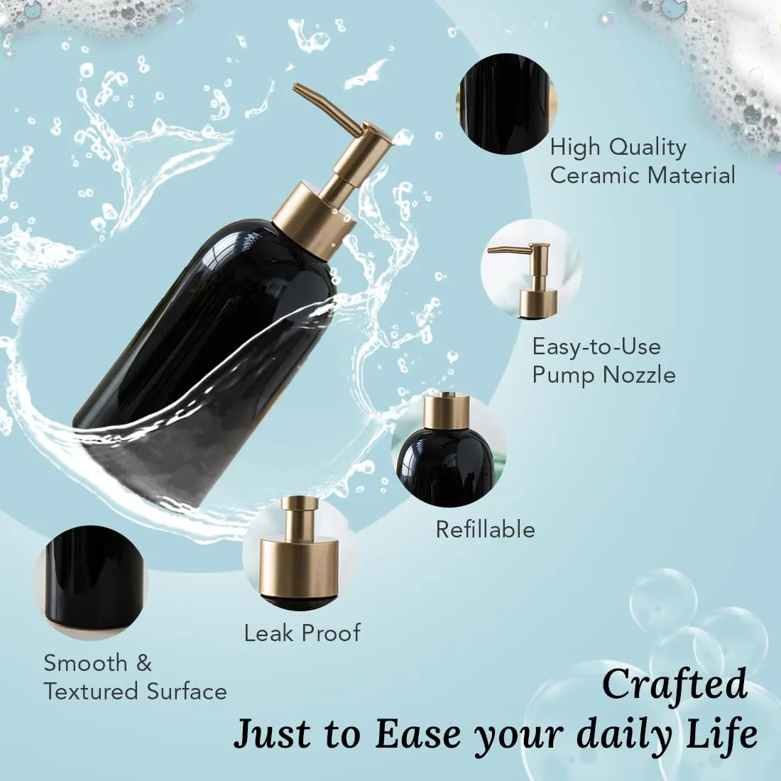 Ekhasa Ceramic Handwash Dispenser Bottle (420ml) (Black) | Liquid Soap Dispenser for Bathroom, Wash Basin and Kitchen | Bathroom Sanitizer, Lotion, Shampoo Dispenser | Hand Wash Dispensers Pump