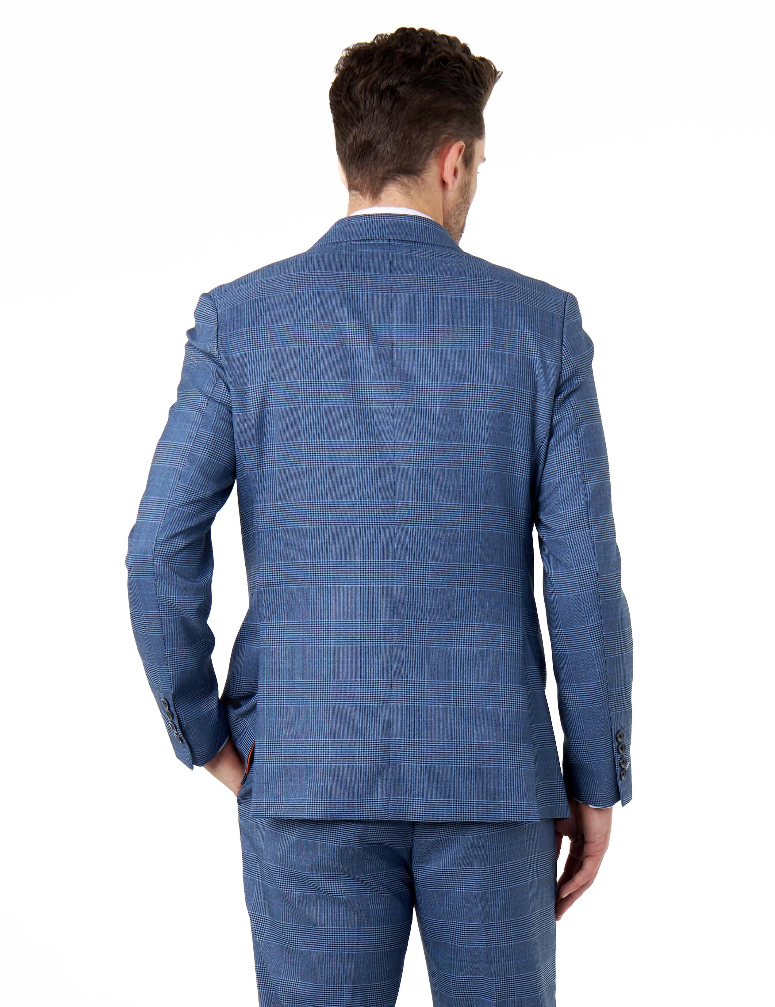 EKON - Blue Prince of Wales Check Suit 3 Piece Tailored Fit