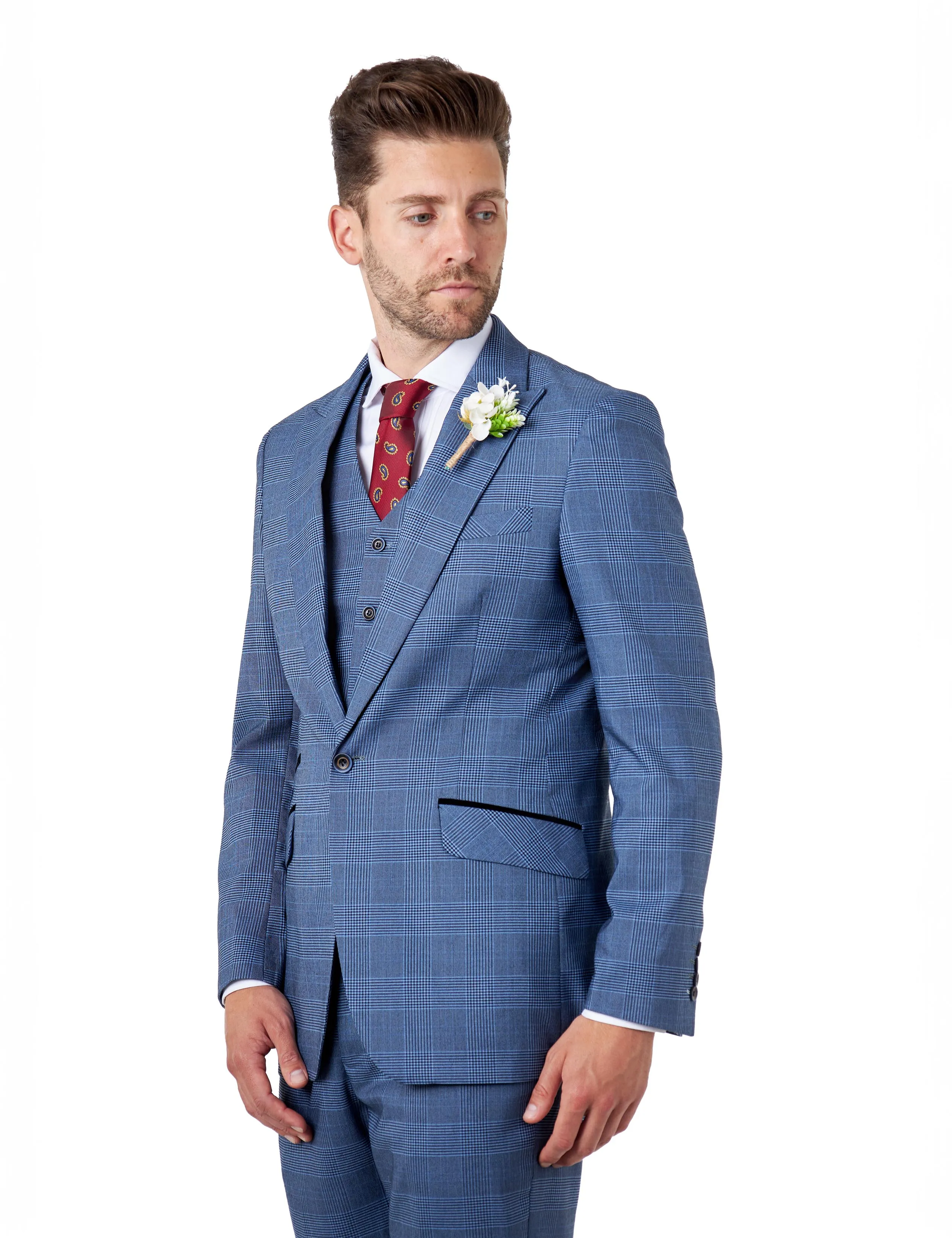 EKON - Blue Prince of Wales Check Suit 3 Piece Tailored Fit