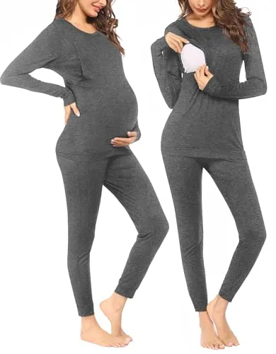 Ekouaer Maternity Clothes Winter Nursing PJS Thermal Underwear Set for Women Stirped Winter Warm Maternity & Nursing Pjs (Light Gray M)