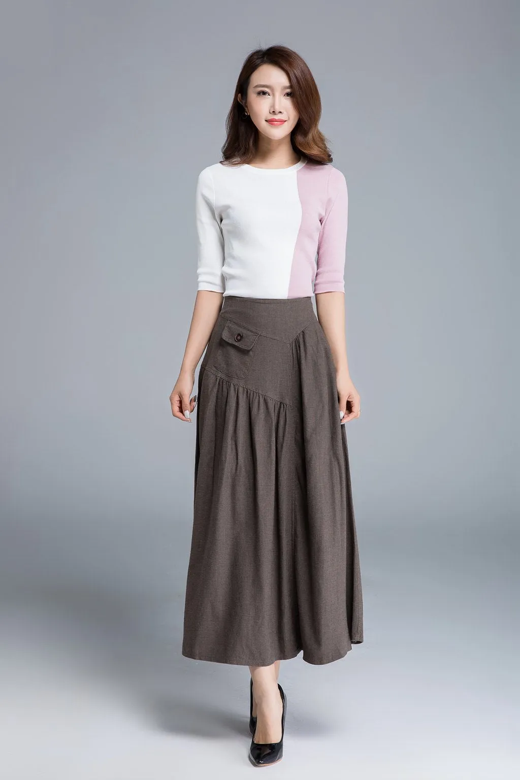 Elastic back band Linen high waist irregular maxi length skirt 1660