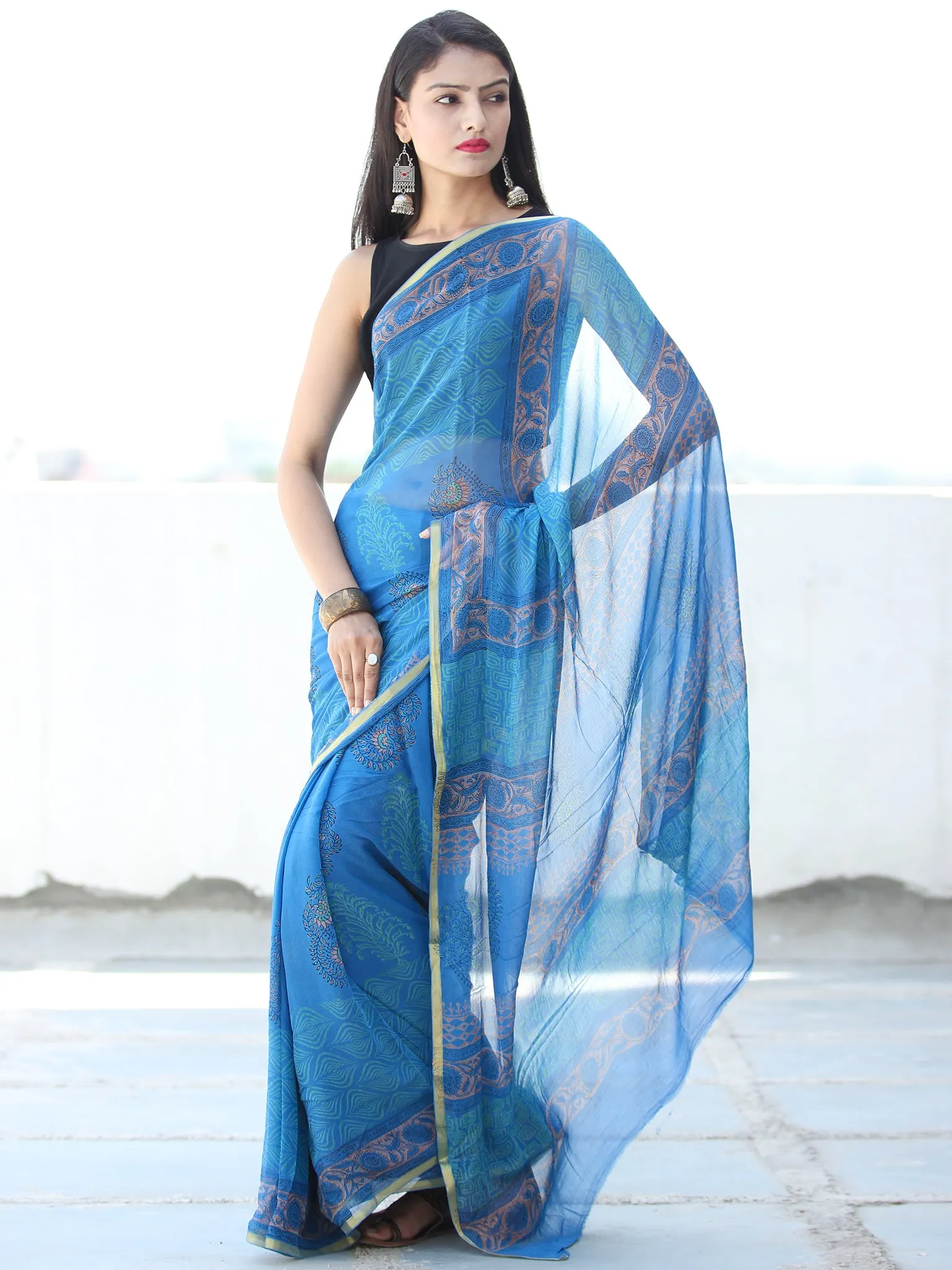 Electric Blue Coral Hand Block Printed Chiffon Saree with Zari Border - S031703920