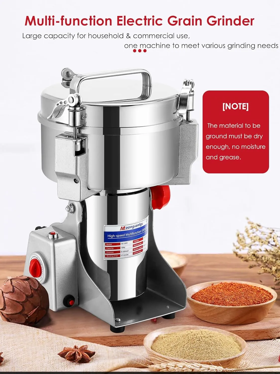 Electric Grain Mill Grinder, Commercial Spice Grinder Stainless Steel