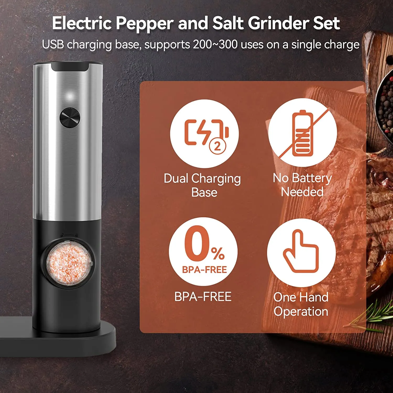 Electric Salt and Pepper Grinder Rechargeable & Automatic for Spices, Salt and Pepper, Herbs, Crystals