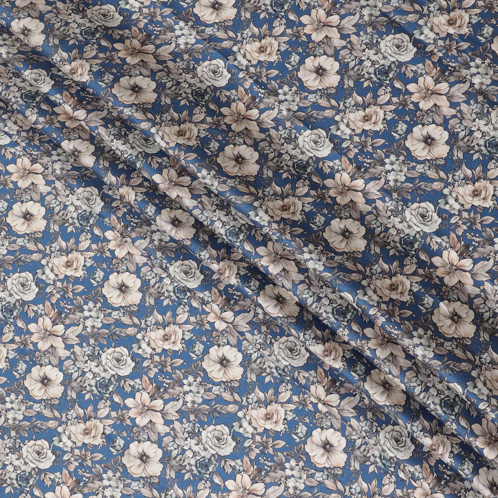 Elegant Blue Cotton Satin Fabric with Cream Floral Design, 110 cm Wide-D19195