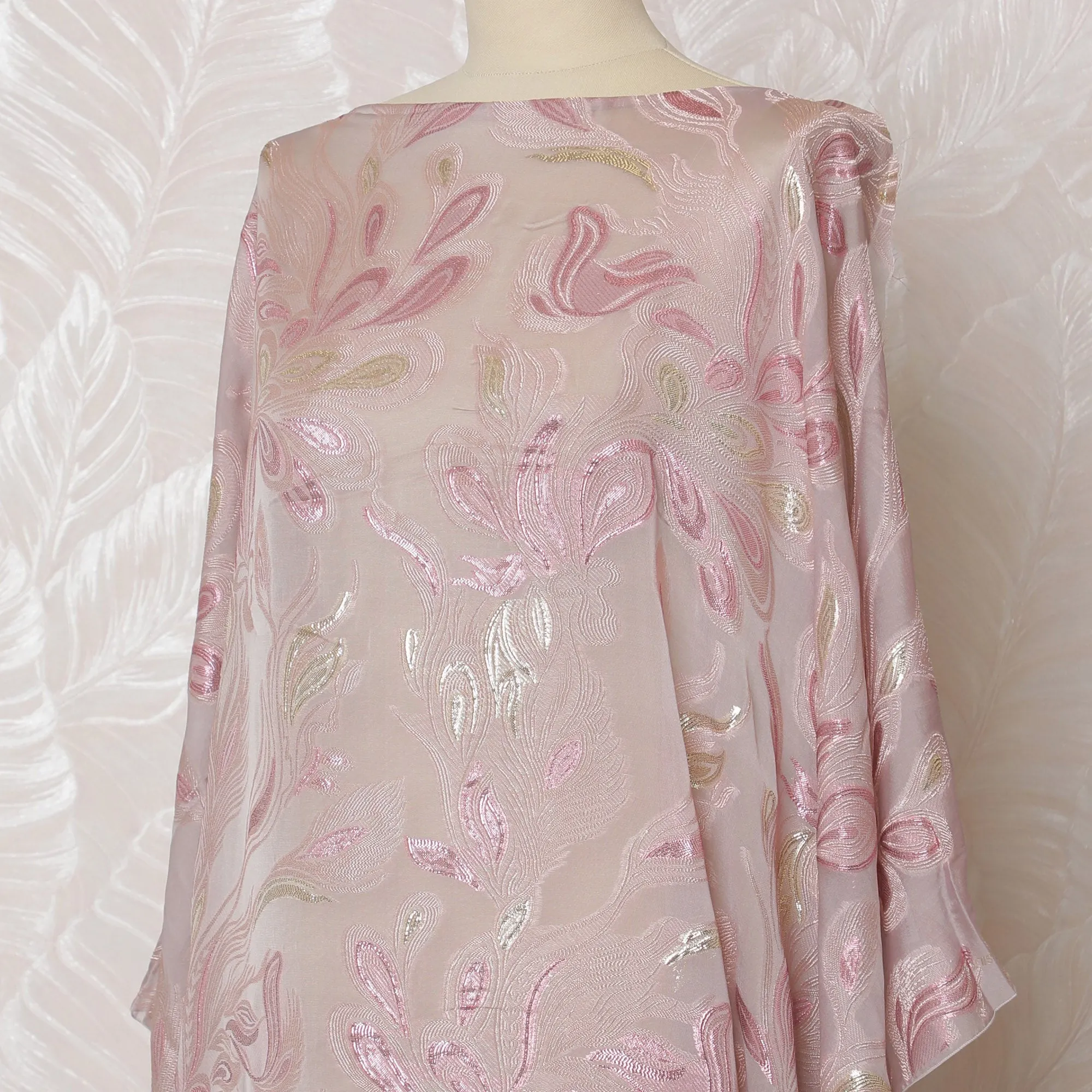 Elegant Blush Pink Floral French Silk Chiffon Fabric with Metallic Lurex, 140 cm Width-D19694