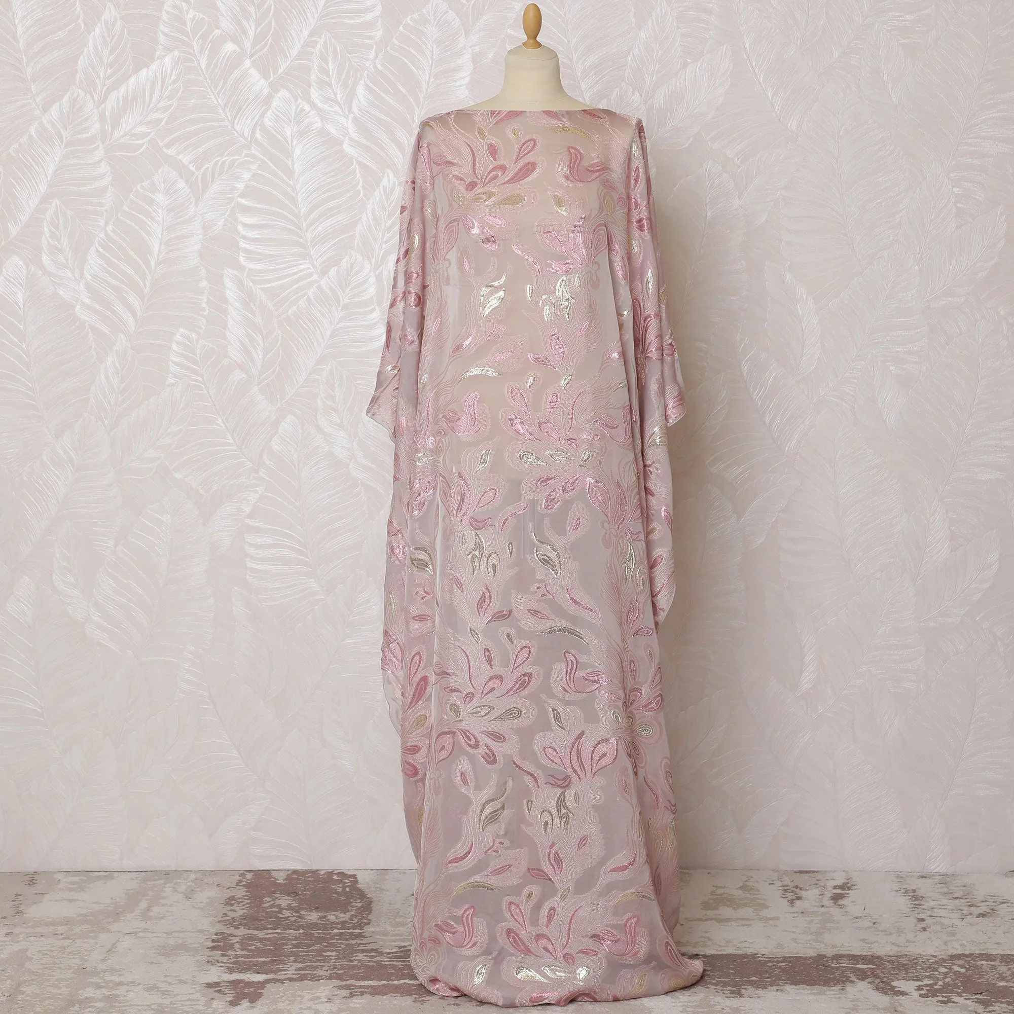 Elegant Blush Pink Floral French Silk Chiffon Fabric with Metallic Lurex, 140 cm Width-D19694