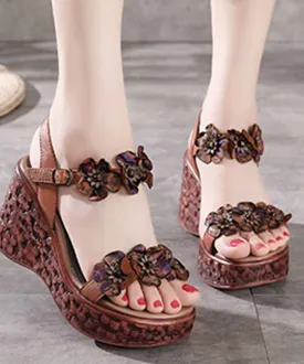 Elegant Buckle Strap Wedge Sandals Brown Cowhide Leather LY4371