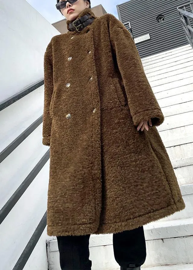 Elegant chocolate woolen coats Winter coat lapel pockets coats