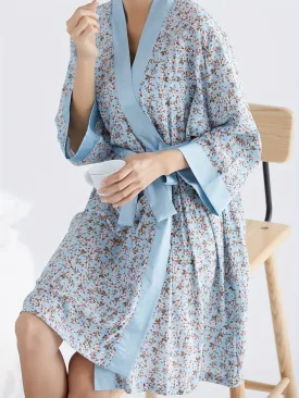 Elegant Colorblock Ditsy Floral Print Night Robe, Long Sleeve V Neck Robe With Belt, Women's Sleepwear & Dresses