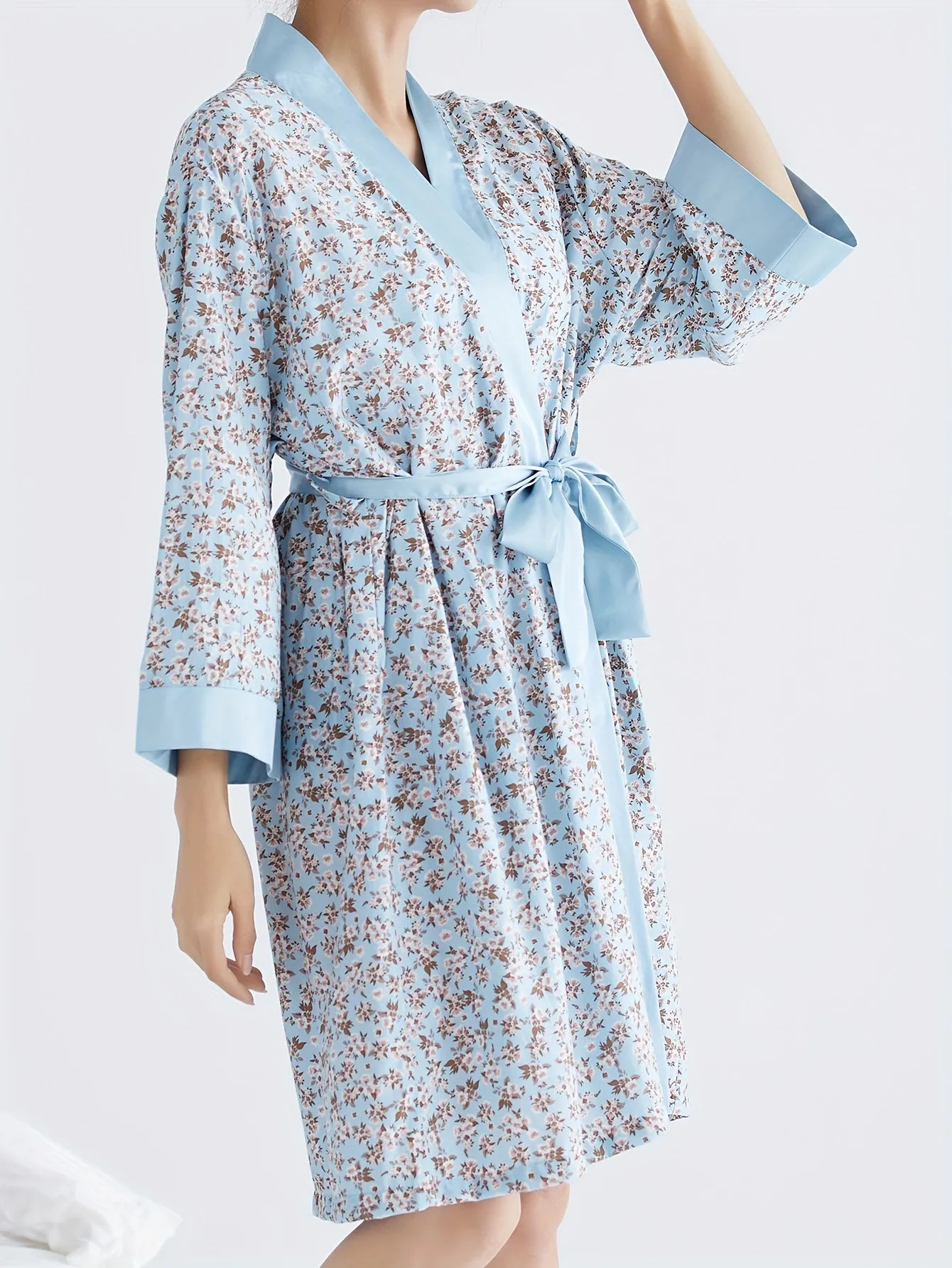 Elegant Colorblock Ditsy Floral Print Night Robe, Long Sleeve V Neck Robe With Belt, Women's Sleepwear & Dresses