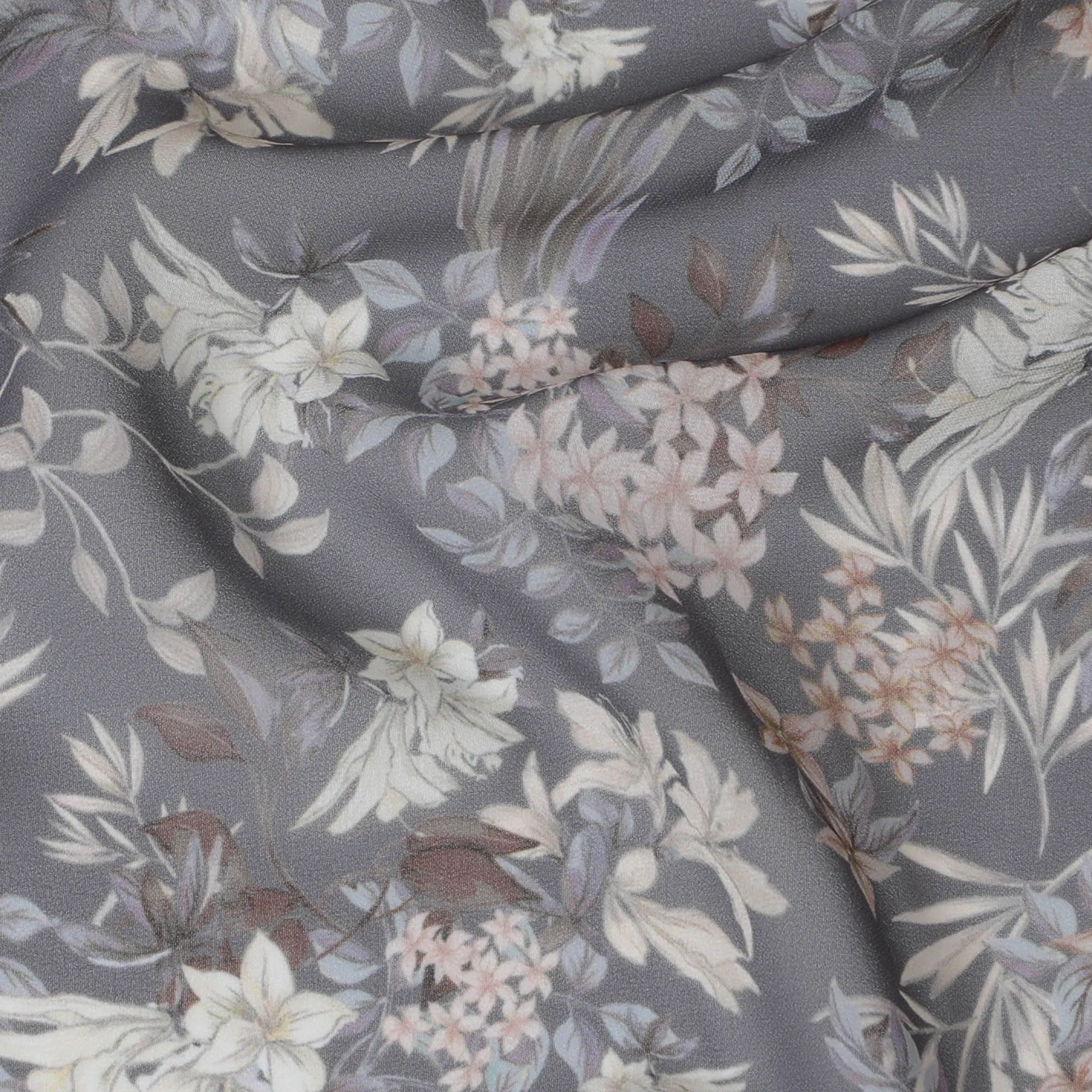 Elegant Floral Grey Modal Satin Fabric, 110 cm Wide - Luxurious Texture & Vivid Design-D18421