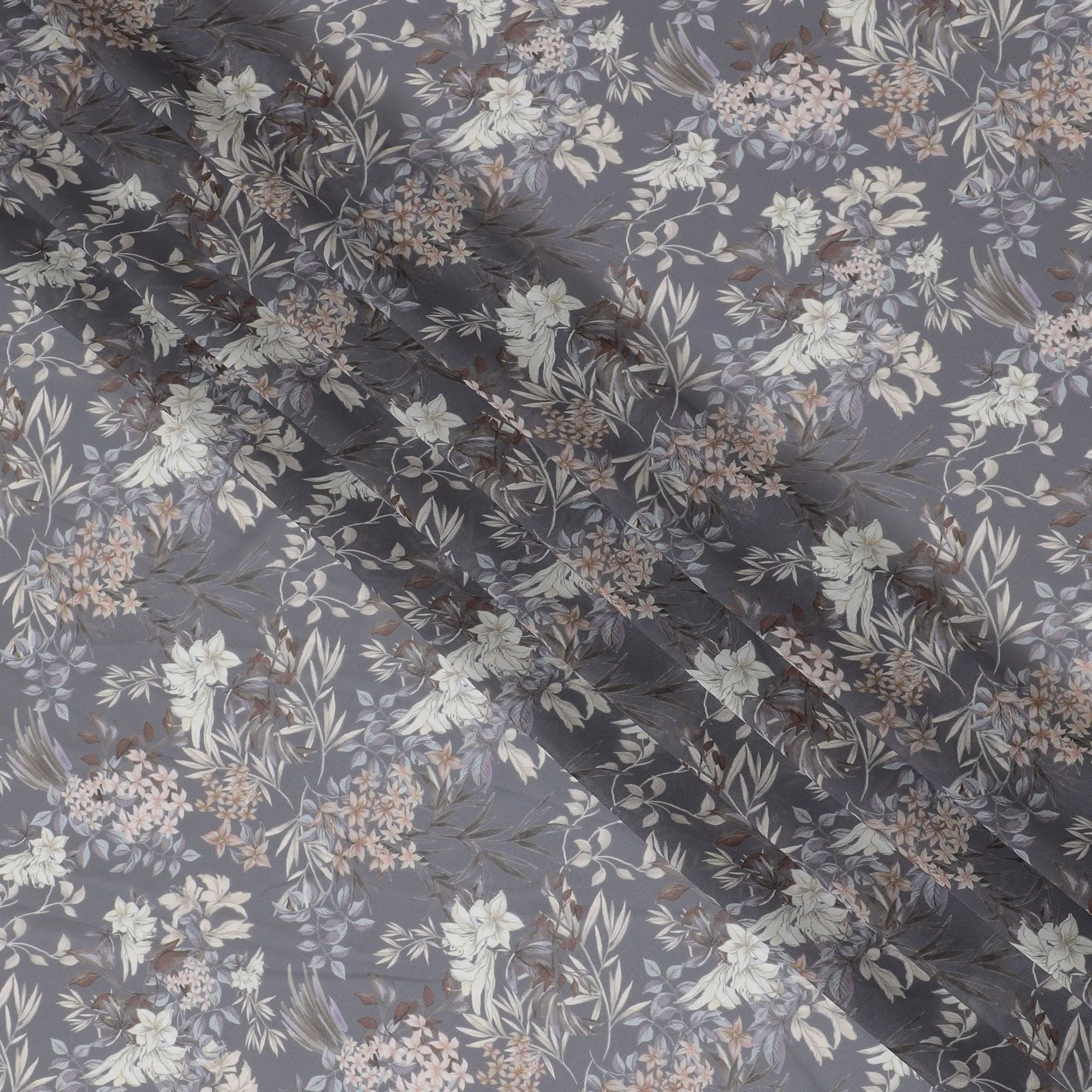 Elegant Floral Grey Modal Satin Fabric, 110 cm Wide - Luxurious Texture & Vivid Design-D18421