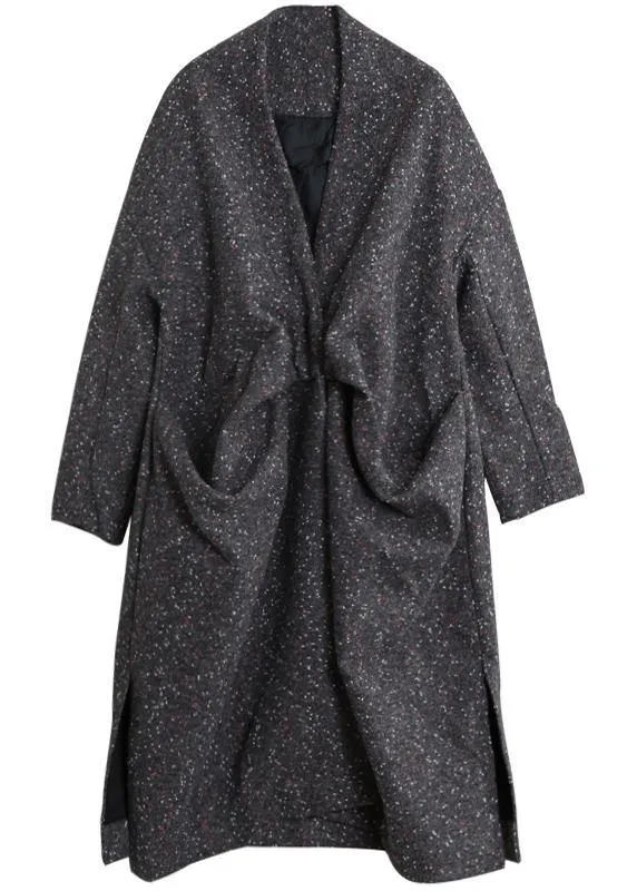 Elegant gray print woolen outwear oversized side open Winter coat