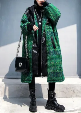 Elegant green woolen coats Loose fitting medium length coat patchwork hooded woolen outwear