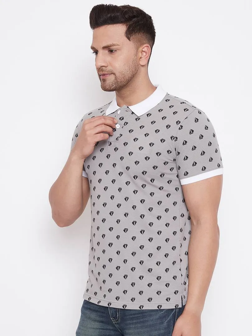 Elegant Grey Cotton Blend Printed Polos For Men