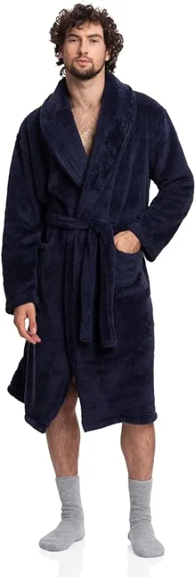 Elegant Navy Comfort: Men's Full-Length Sherpa Robe - A Symphony of Warmth and Luxury