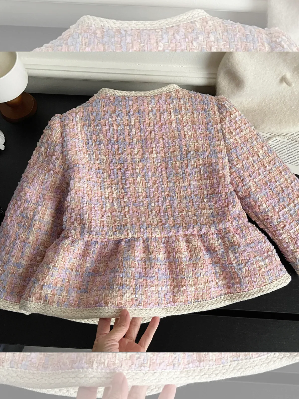 Elegant Pastel Tweed Girls' Peplum Jacket with Pearl Buttons