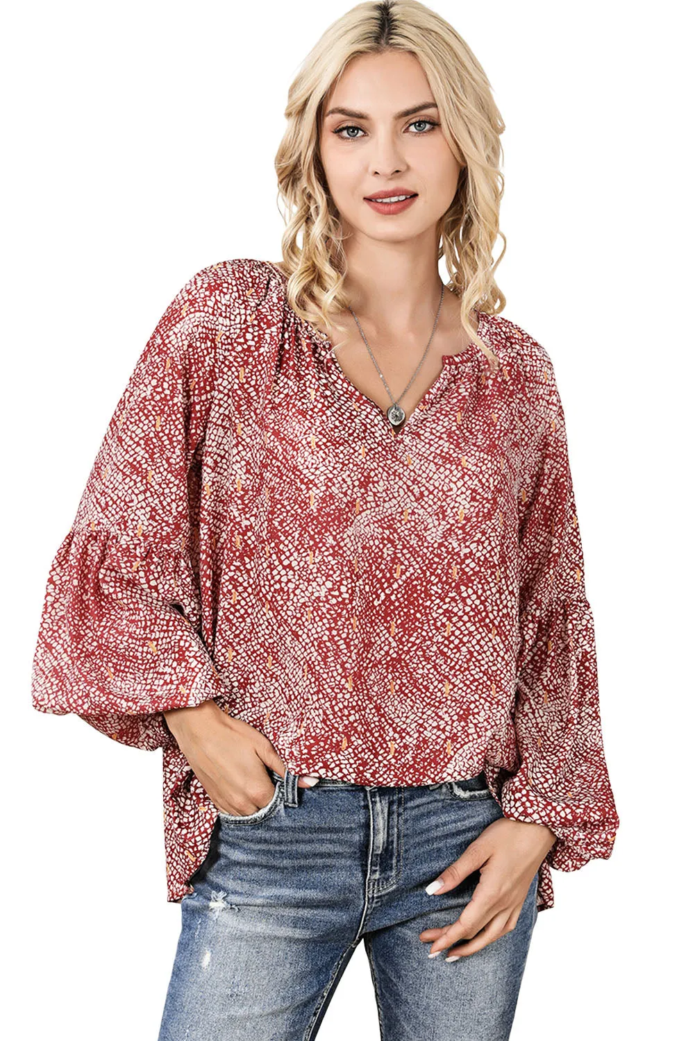 Elegant Red Abstract Lantern Sleeve Top