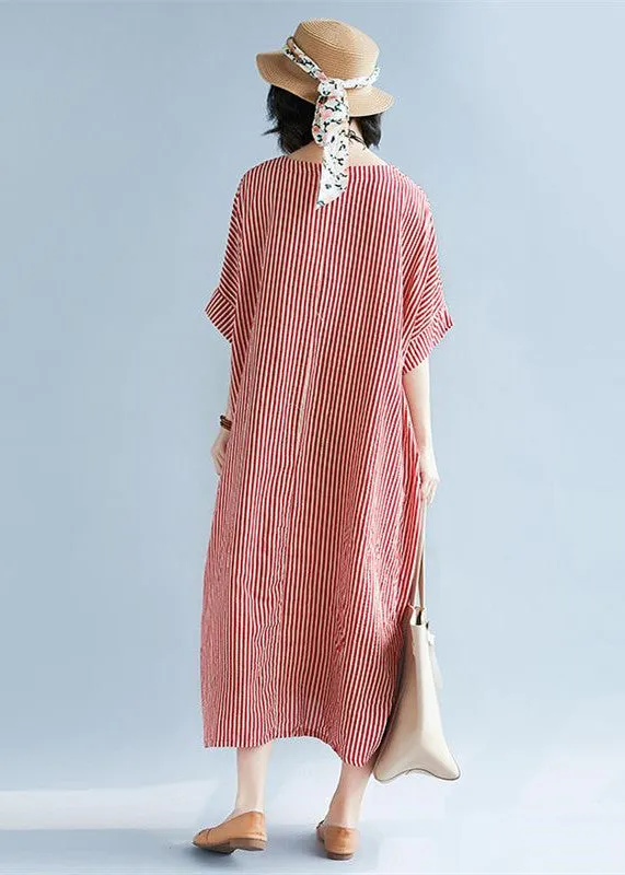 Elegant red linen maxi dress plus size O neck striped linen clothing dresses Fine baggy dresses caftans