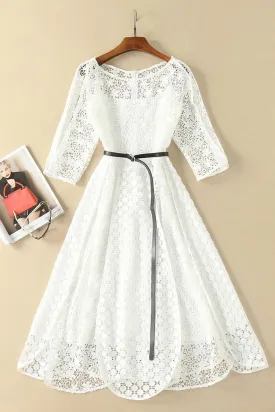 Elegant White Half Sleeve Lace Round Neck Homecoming Dresses, Belt Ankle Knee Prom Dress, H1127