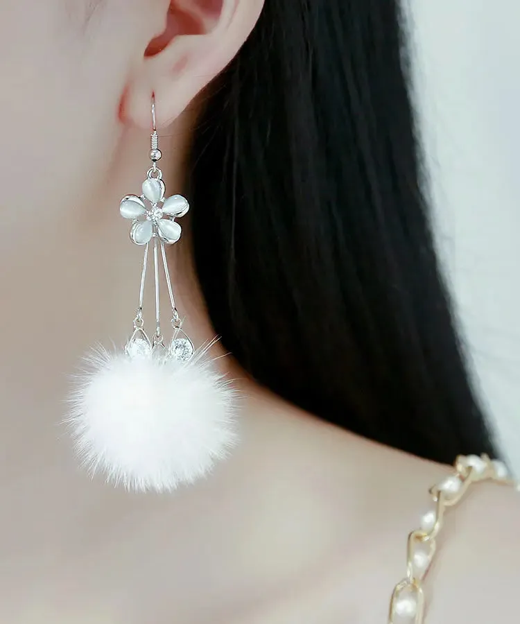 Elegant White Zircon Crystal Pearl Mink Hair Floral Drop Earrings LY8998