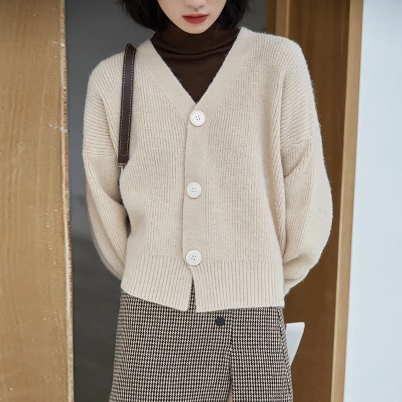 Elegant Women Cardigan Sweater Fashion V Neck Autumn Long Sleeve Knitted Jacket Designed Button Up Fall Ladies Sweater Coat