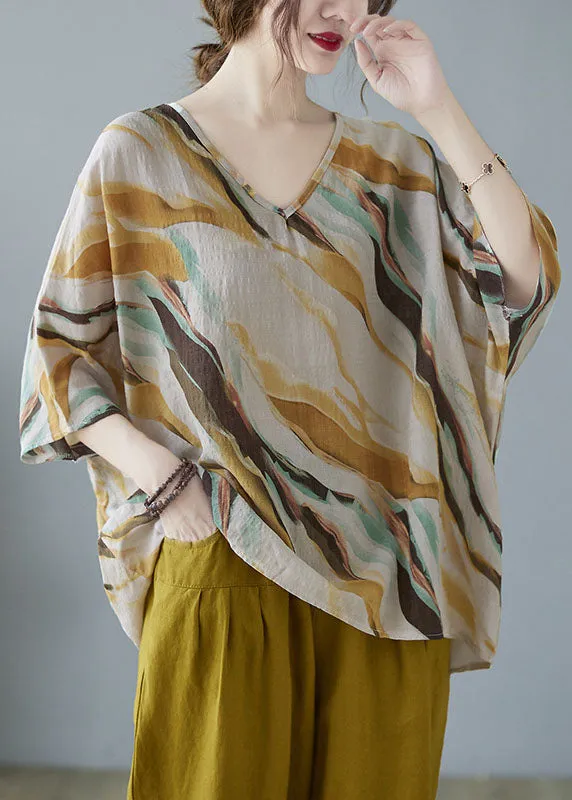 Elegant Yellow V Neck Print Fall Striped Shirt Tops Half Sleeve