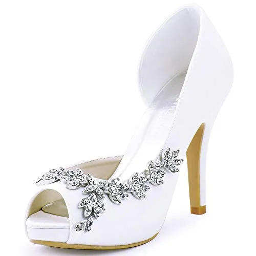 Elegantpark HP1560IAC Platform Wedding Shoes for Bride High Heels Women Bridal Shoes Peep Toe Rhinestones Satin Wedding Party Dress Court Shoes