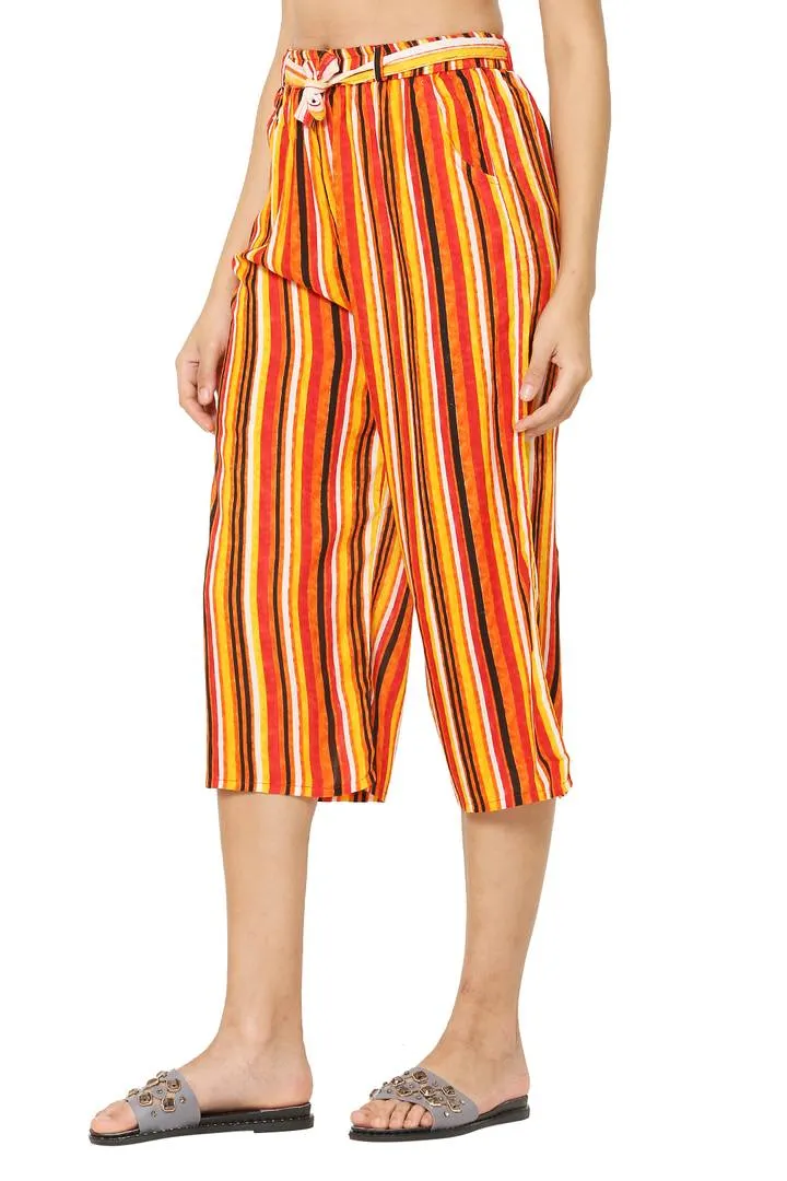 Elite Multicoloured Cotton Striped Capris For Women And Girls