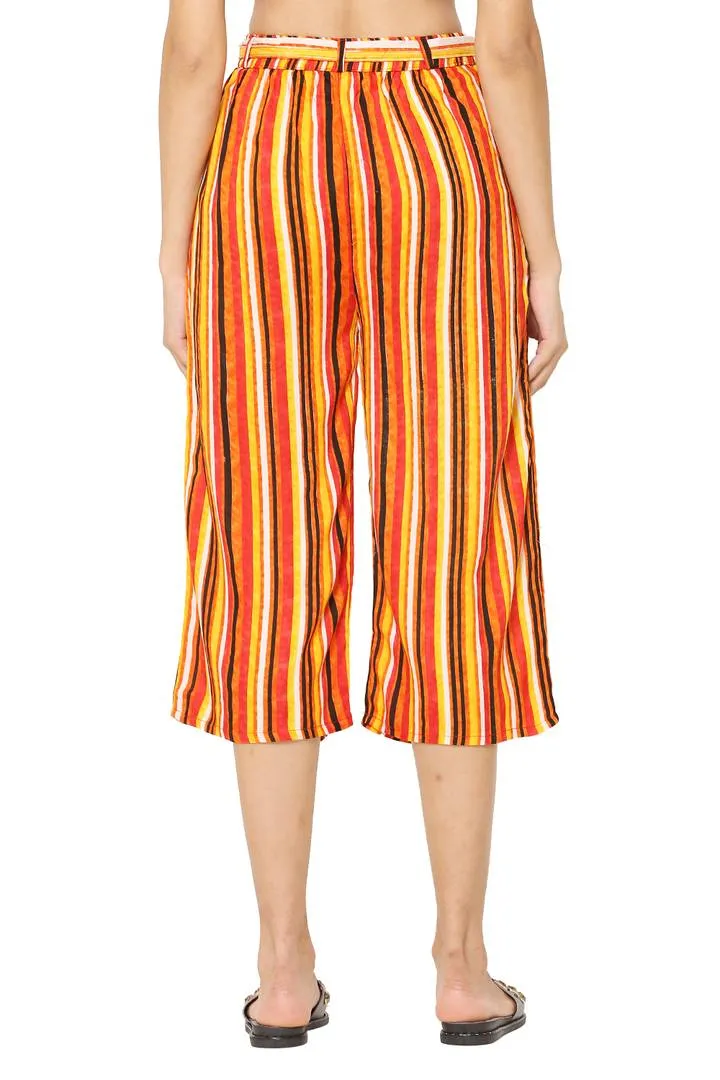 Elite Multicoloured Cotton Striped Capris For Women And Girls