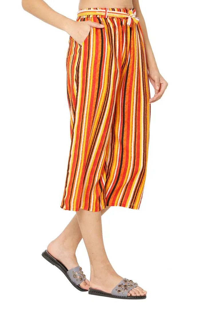 Elite Multicoloured Cotton Striped Capris For Women And Girls