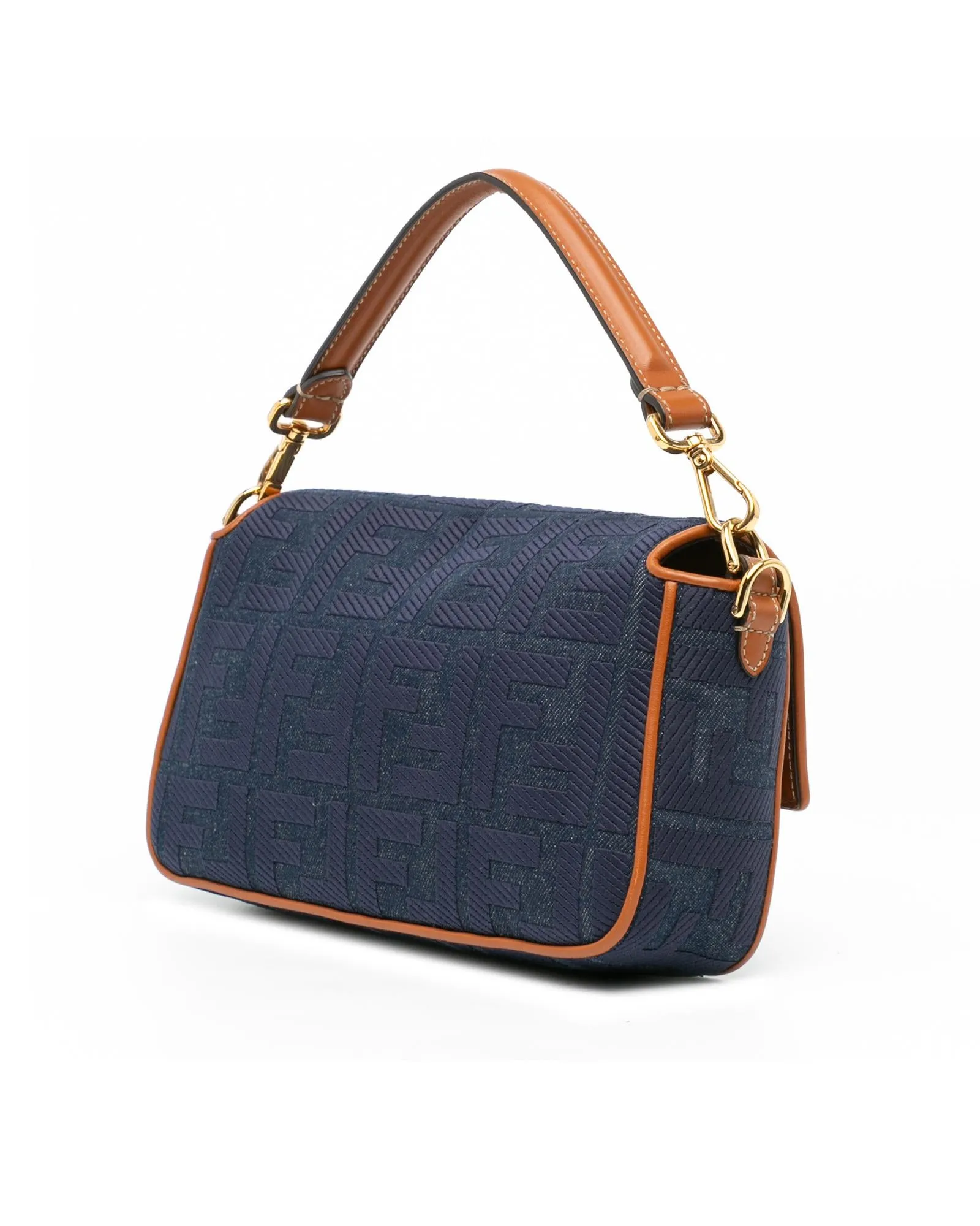 Embroidered Denim Baguette Satchel with Leather Trim