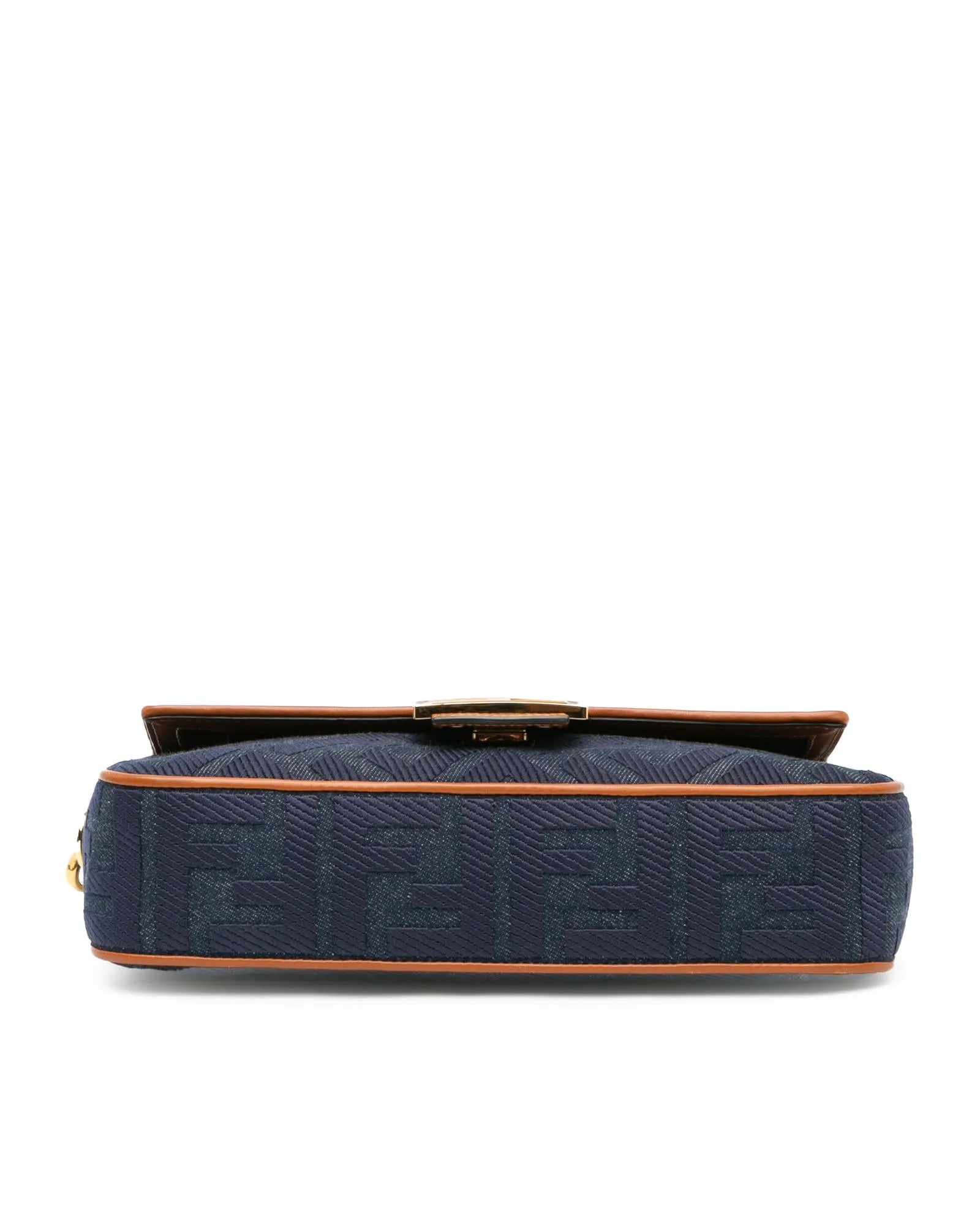 Embroidered Denim Baguette Satchel with Leather Trim