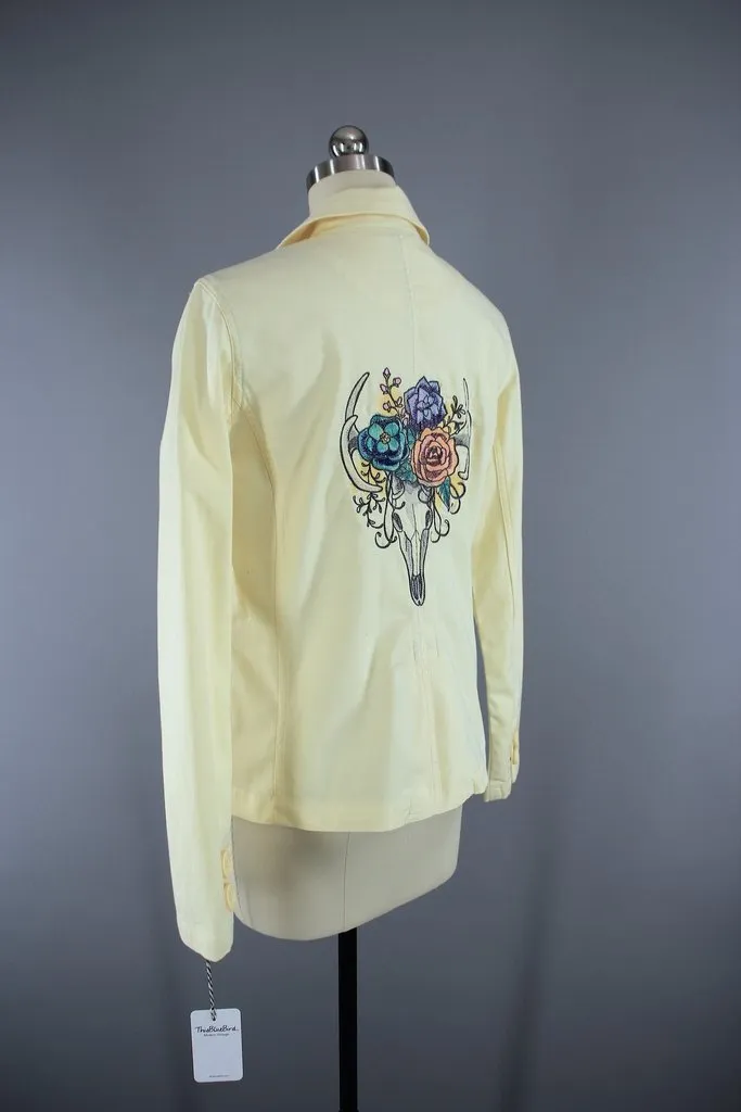 Embroidered Floral Skull Yellow Denim Blazer Jacket