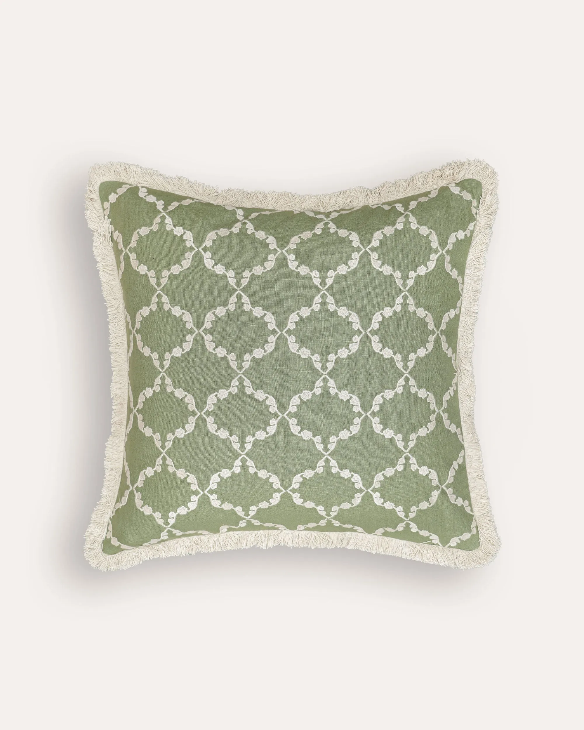 Embroidered Linen Cushion - Green