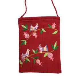 Embroidered Passport Bag - Birds - Maroon