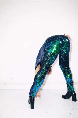 EMERALD BLUE GREEN SEQUIN PARTY PANTS