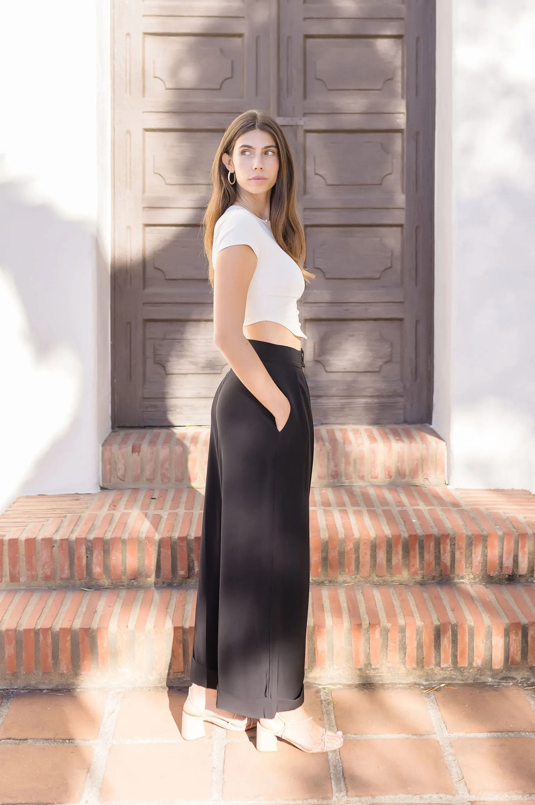 Emma High Waist Pleated Wide Leg Pants Black