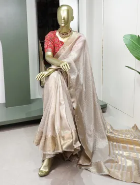 Enchanting Cream Khadi Organza Saree with Two Exquisite Blouse Options