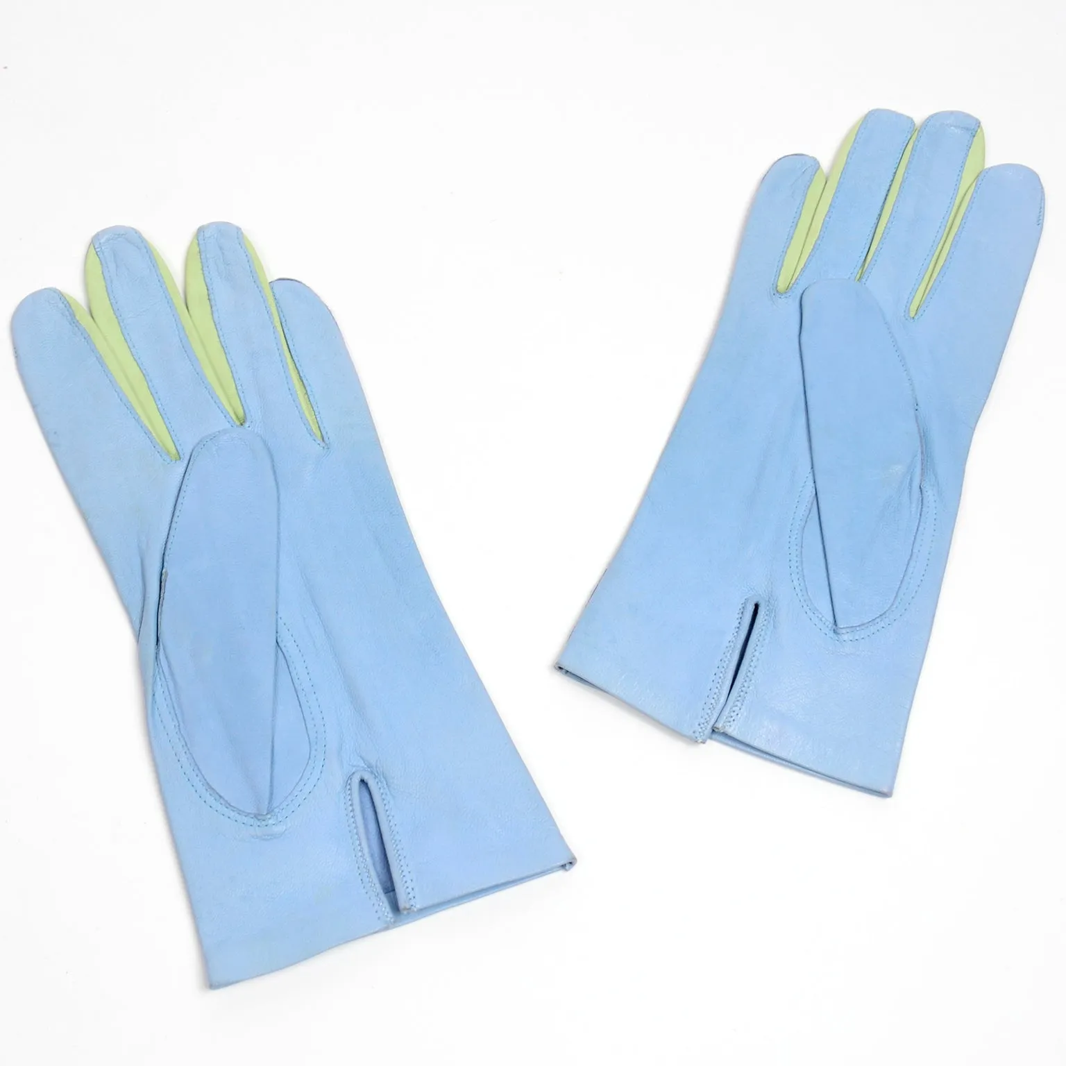 Escada Sky Blue and Green Leather Vintage Gloves Margaretha Ley