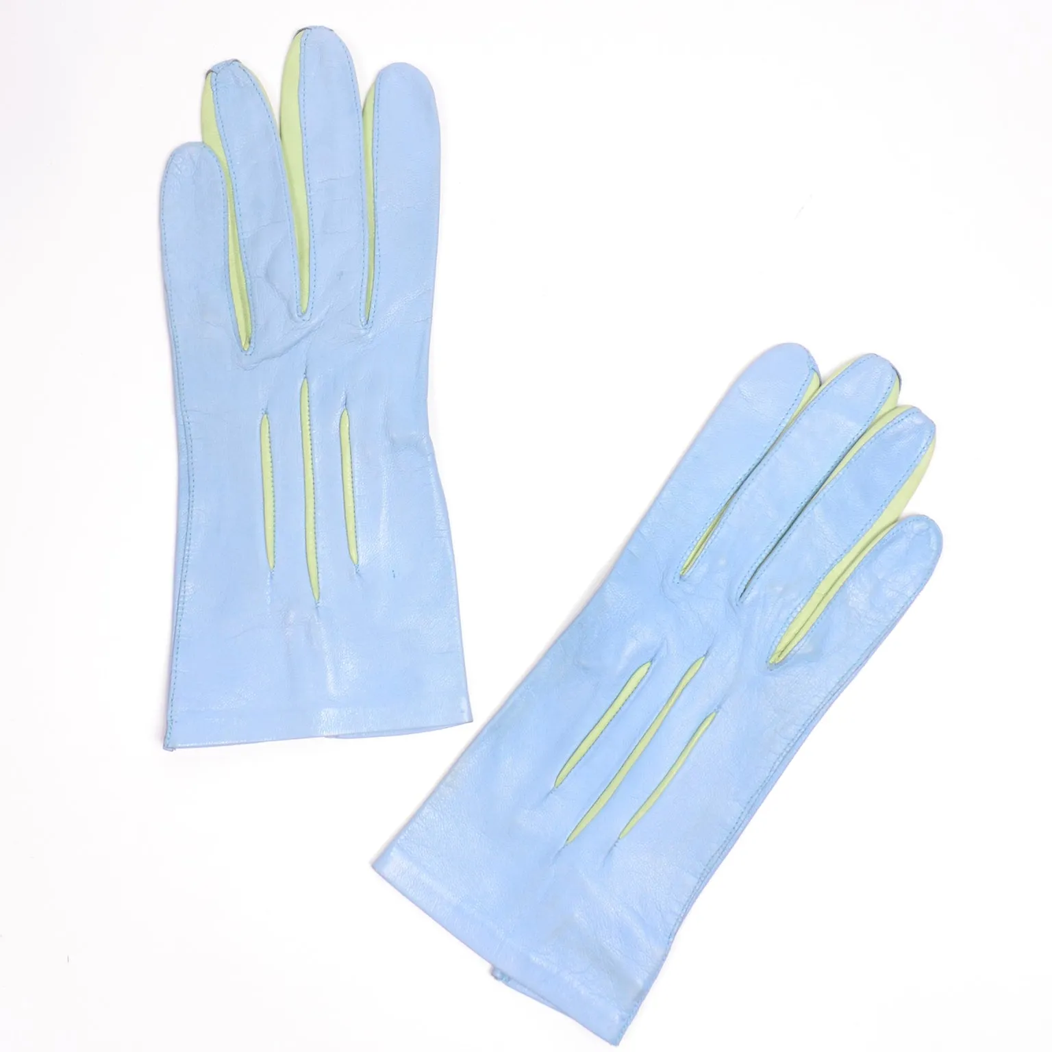 Escada Sky Blue and Green Leather Vintage Gloves Margaretha Ley