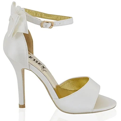 ESSEX GLAM Womens Stiletto HIGH Heel Ankle Strap Buckle Bow Ladies White Ivory Bridal Peeptoe Sandals Shoes