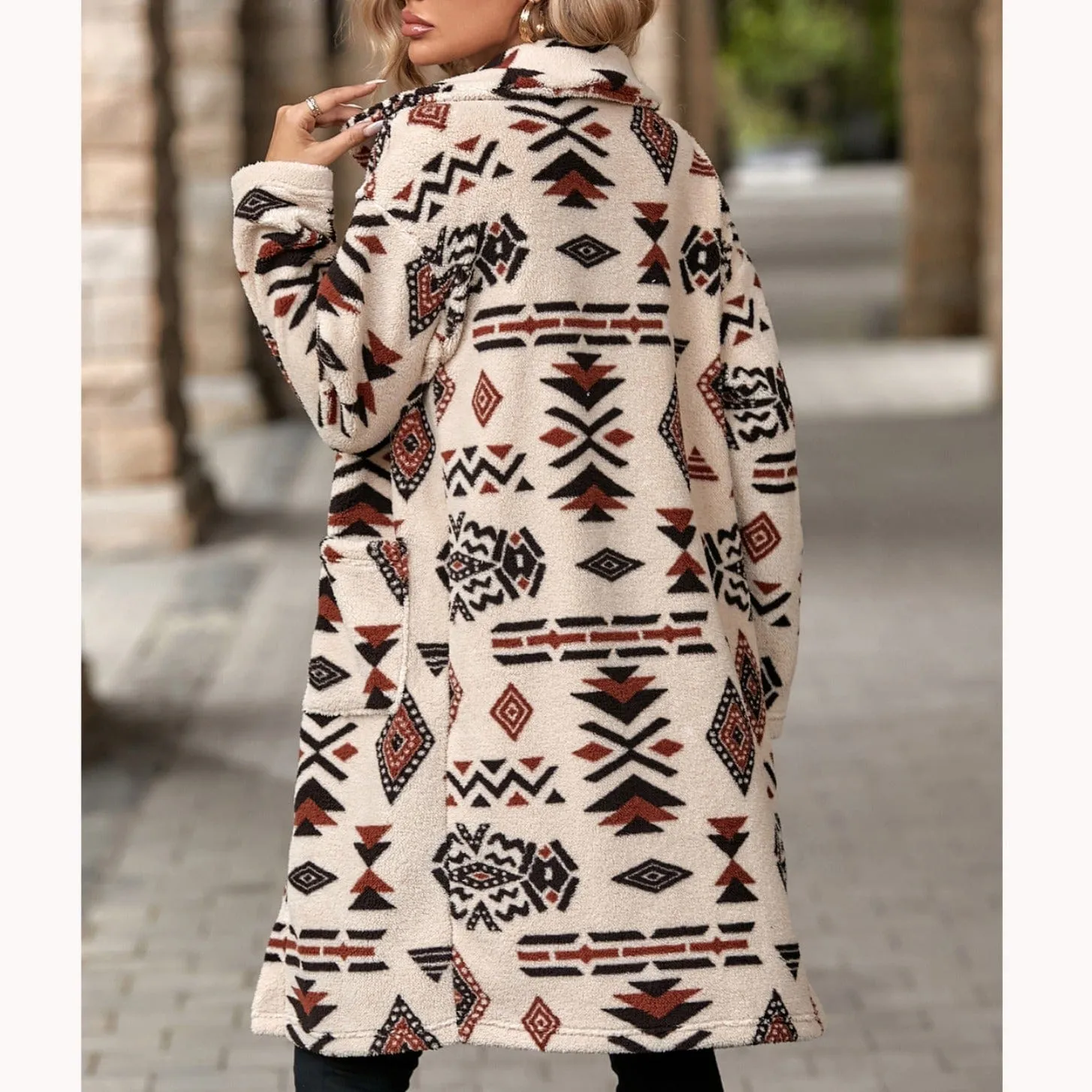 Ethnic Print Plush Long Overcoat