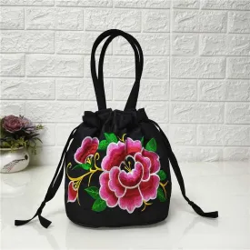 Ethnic style embroidered bag, embroidered canvas bag, mobile phone change, drawstring small bag, women's bucket bag