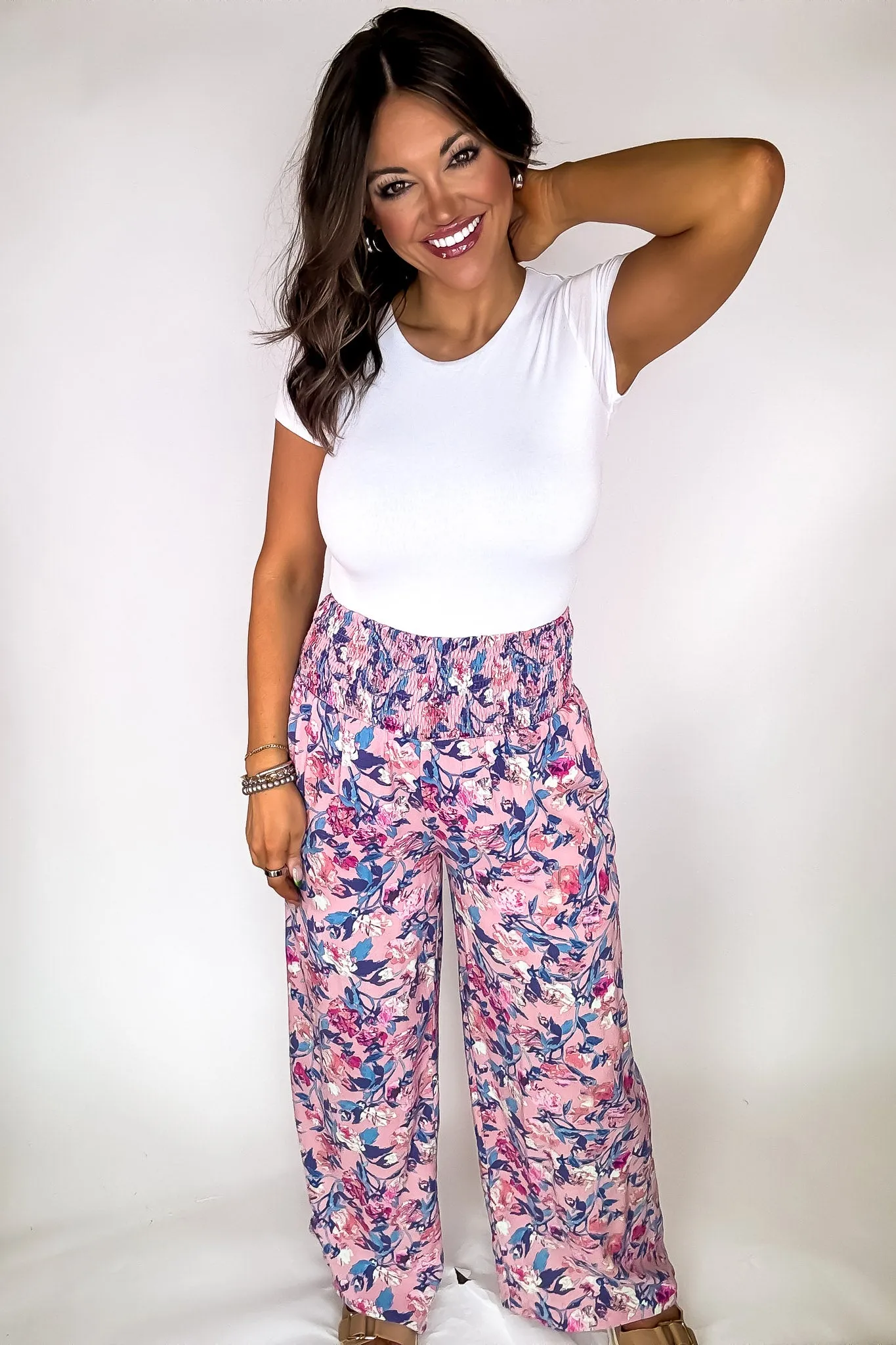 Exclusive Floral Print Smocked Flowy Pants