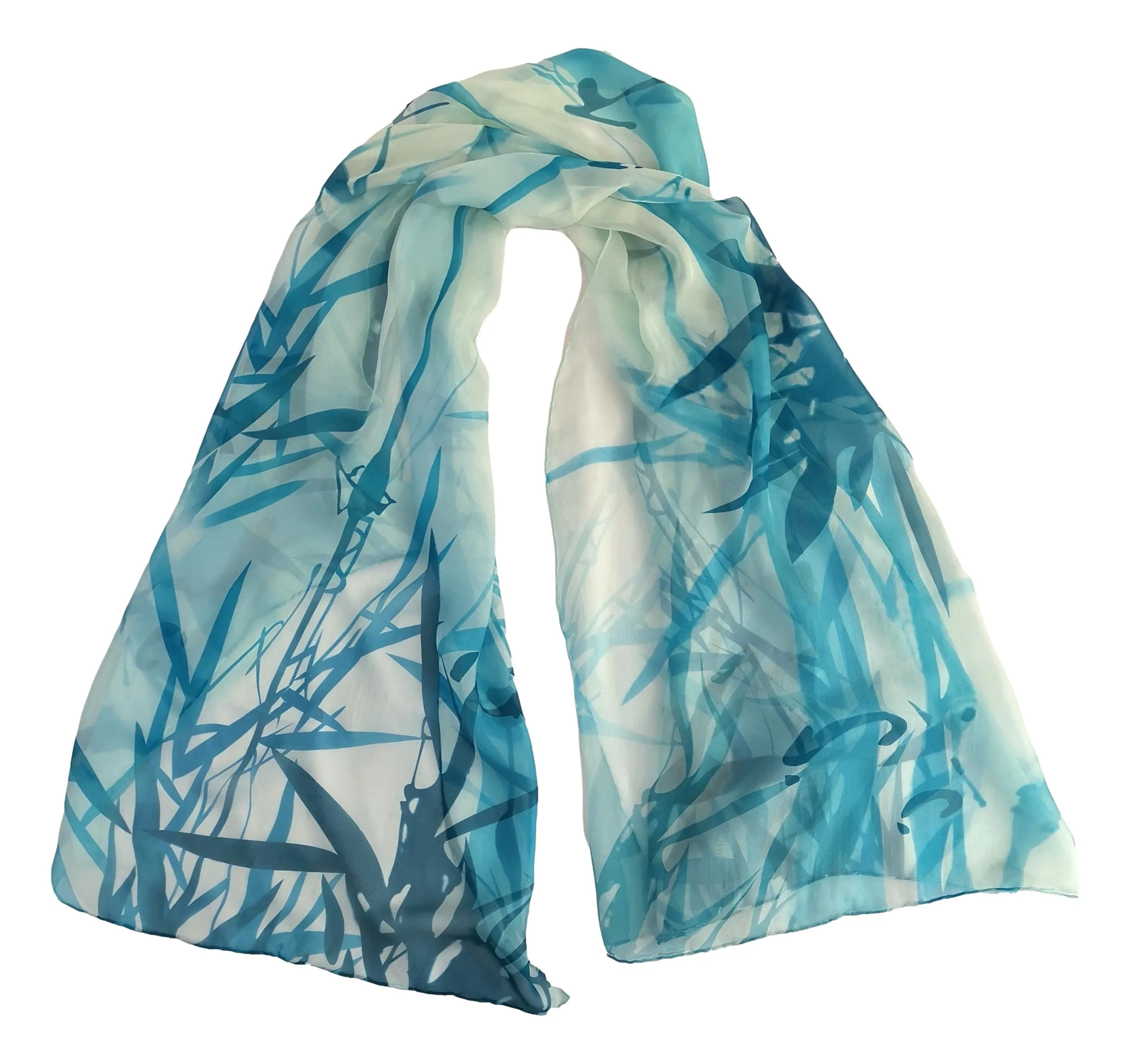 Extra Wide High Quality Silk Chiffon Scarf Blue Theme Bamboo Print SCH525