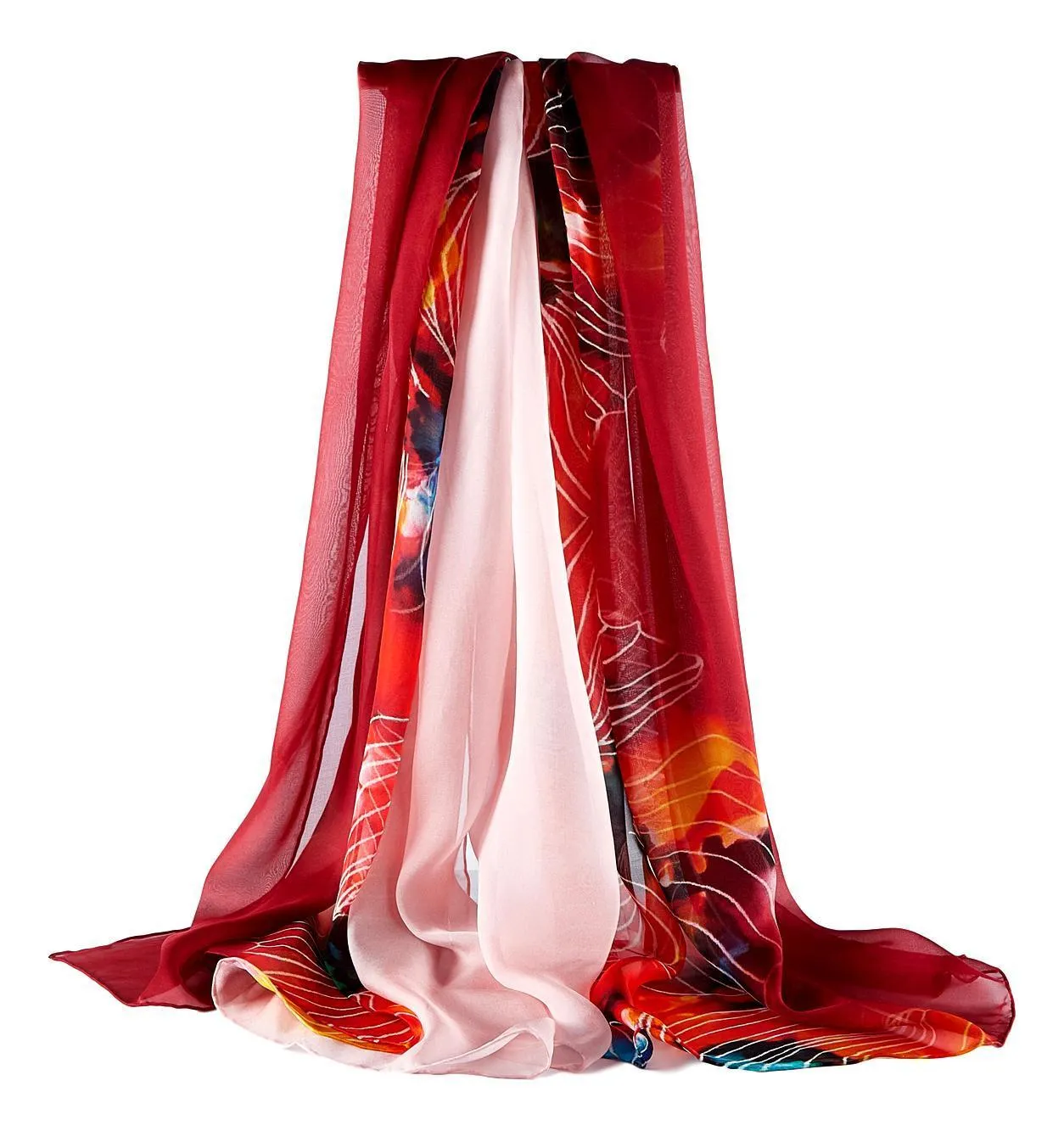 Extra Wide High Quality Silk Chiffon Scarf Red Floral Print SCH602