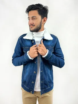 Faded Dark Blue Fur Collar Denim Jacket for Men MJ15